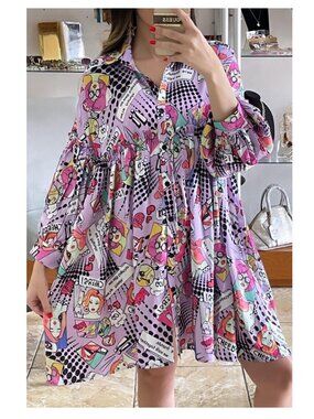 CQ by CQ Babydoll Shirt Dress Size L Comic Graphic Pop Print Colorful Whimsical